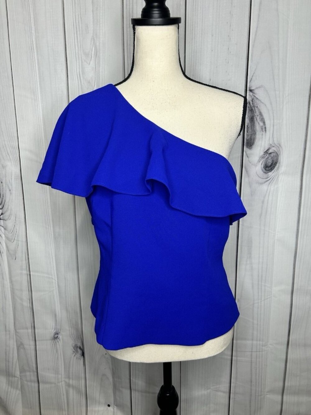 Eliza J Cobalt Blue One Shoulder Blouse Size 10 Ruffle Sleeve Crepe Top